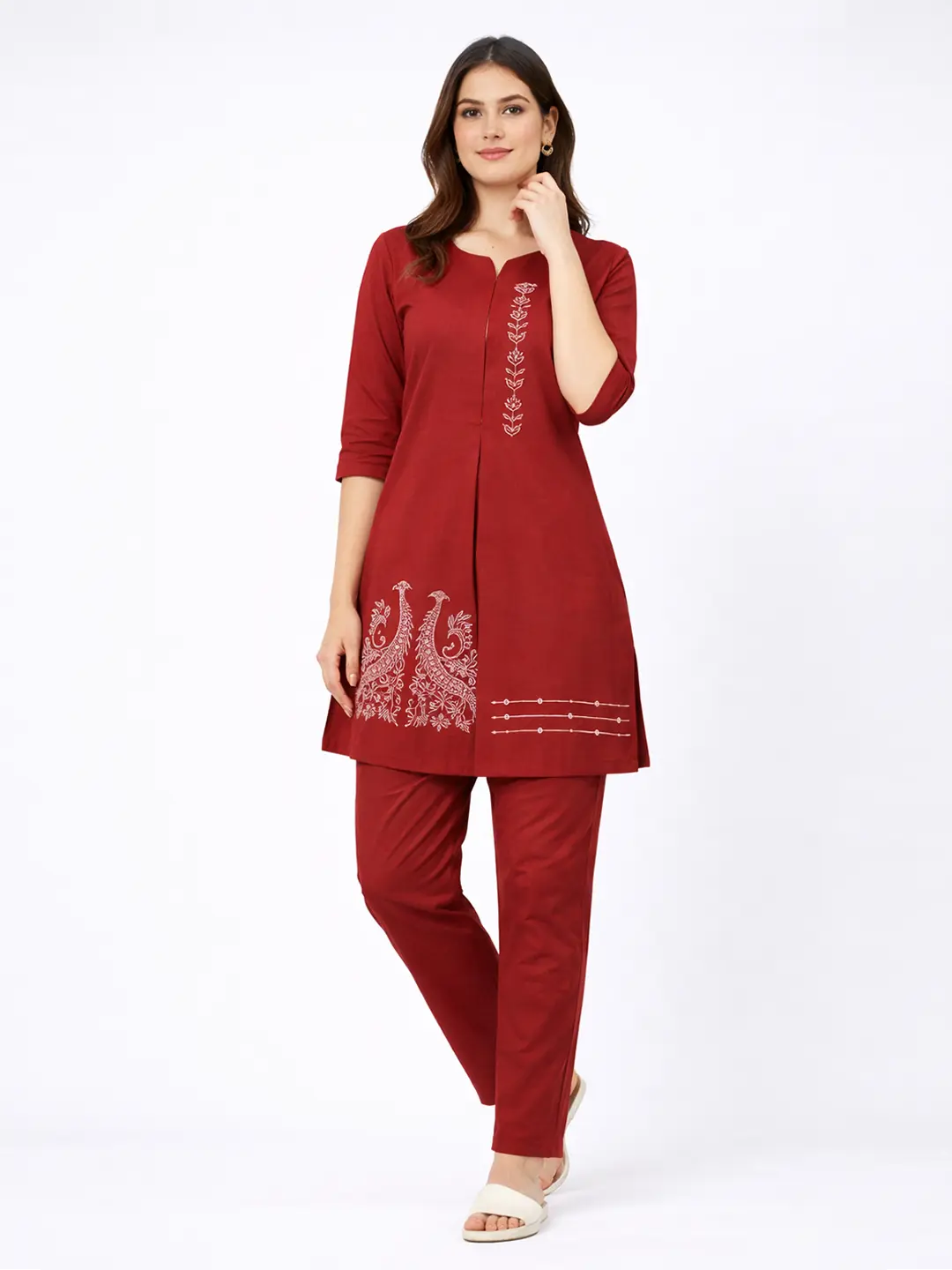 Maroon Embroidered Kurta & Pant