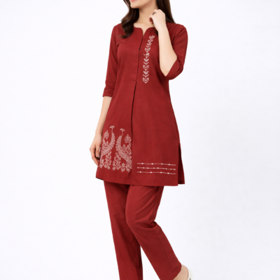 Maroon Embroidered Kurta & Pant