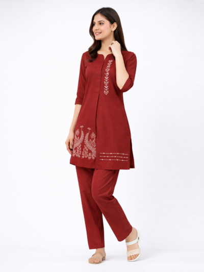 Maroon Embroidered Kurta & Pant