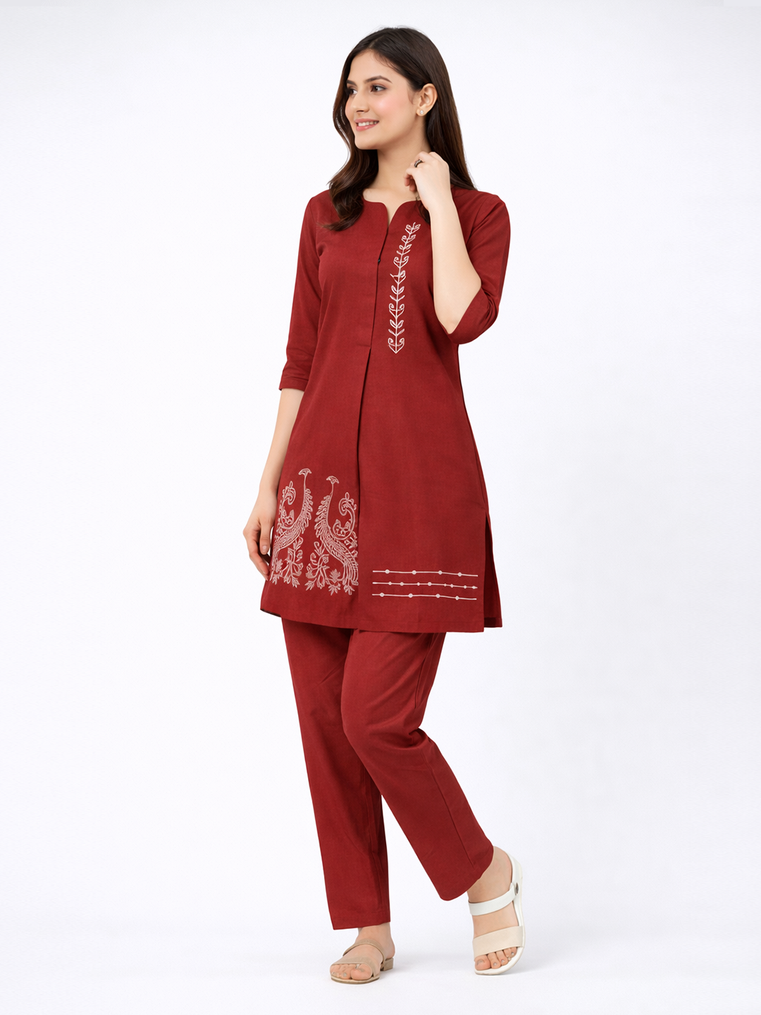 Maroon Embroidered Kurta & Pant