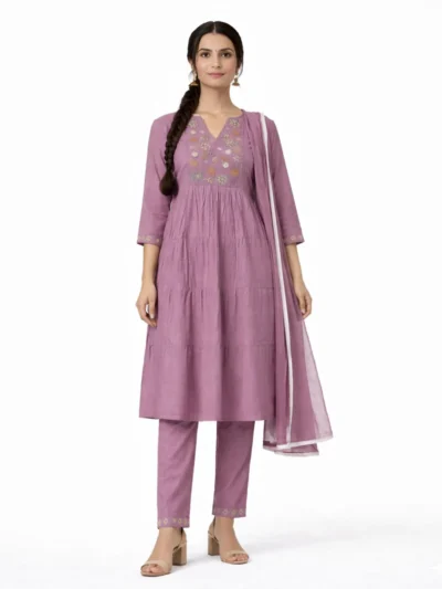 Mauve Tiered Embroidered Kurta Set
