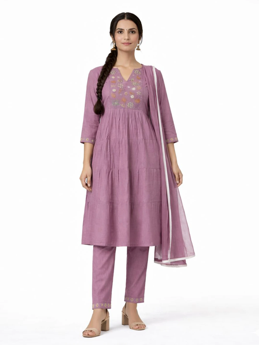 Mauve Tiered Embroidered Kurta Set