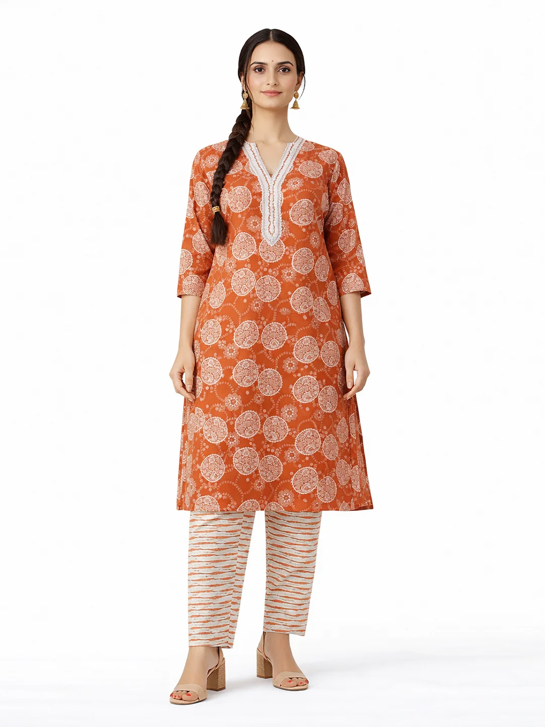 Rust Printed Straight Kurta Set
