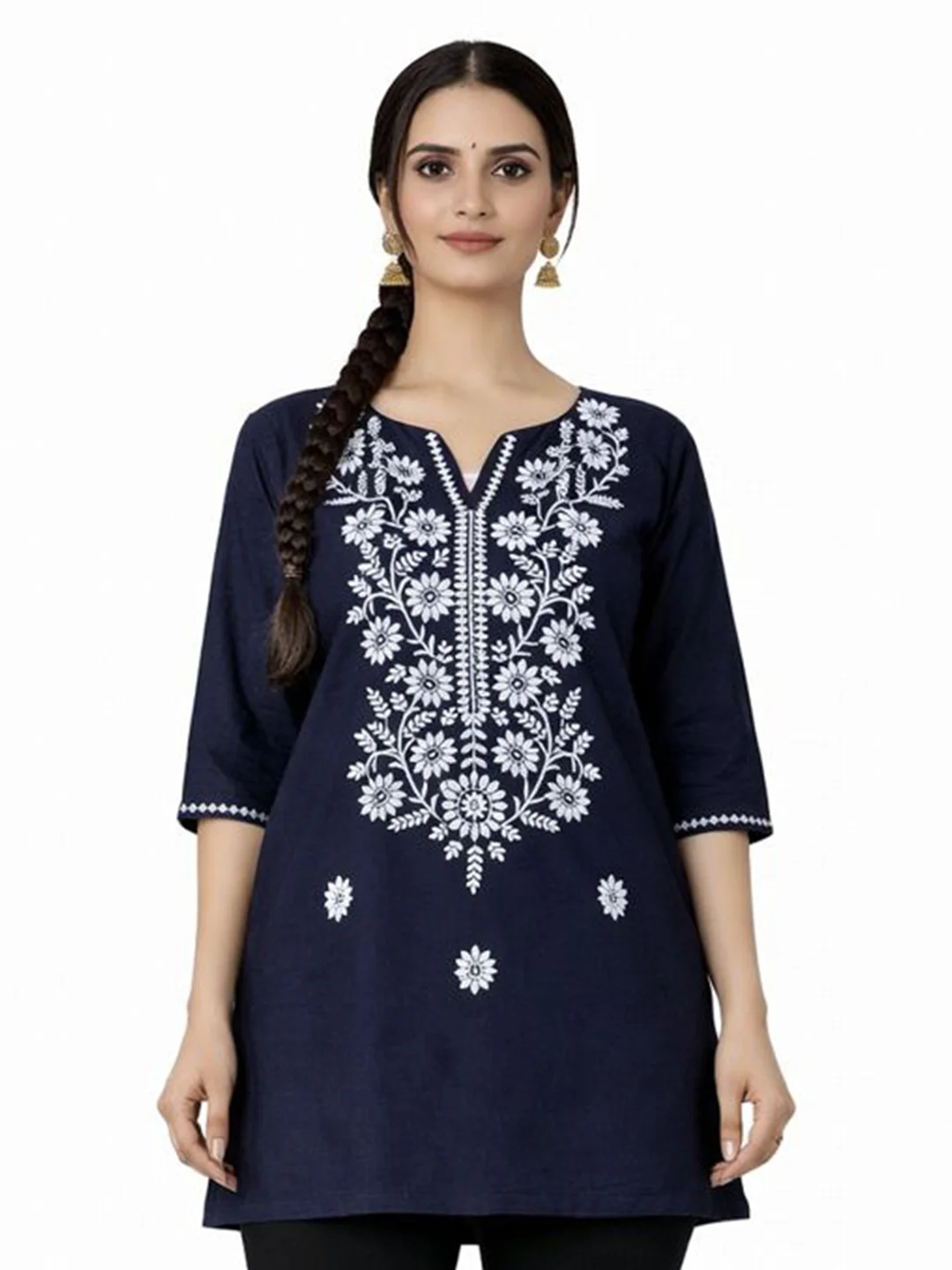 Navy Blue Floral Embroidered Cotton Kurti