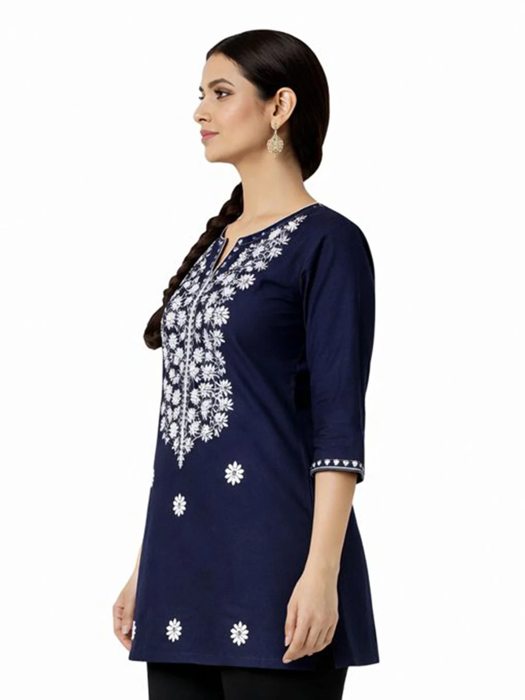 Navy Blue Floral Embroidered Cotton Kurti - Image 3