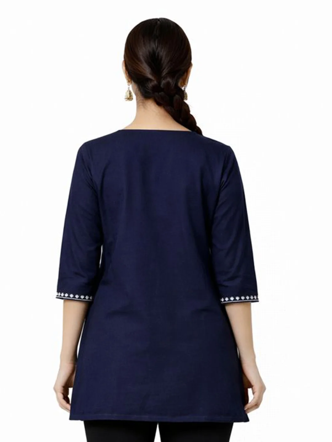 Navy Blue Floral Embroidered Cotton Kurti - Image 4
