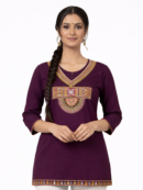 Plum Embroidered V-Neck Kurti Top