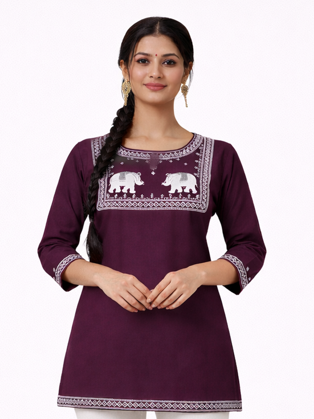 Royal Plum Elephant Motif Straight Kurti